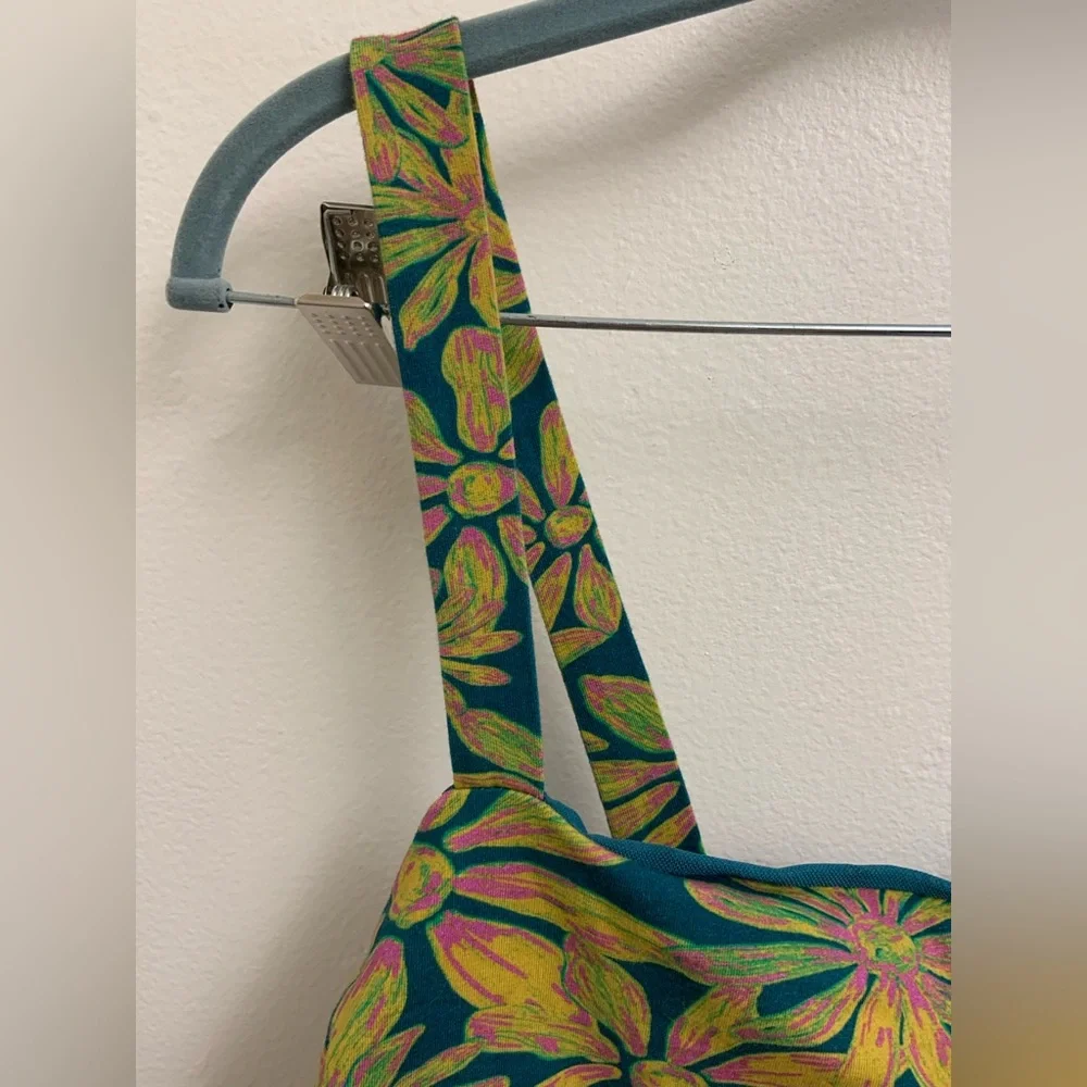 Free People Floral Tie Back Crop Top Tank Top Medium Green Pink Boho Sleevless - Picture 3 of 8